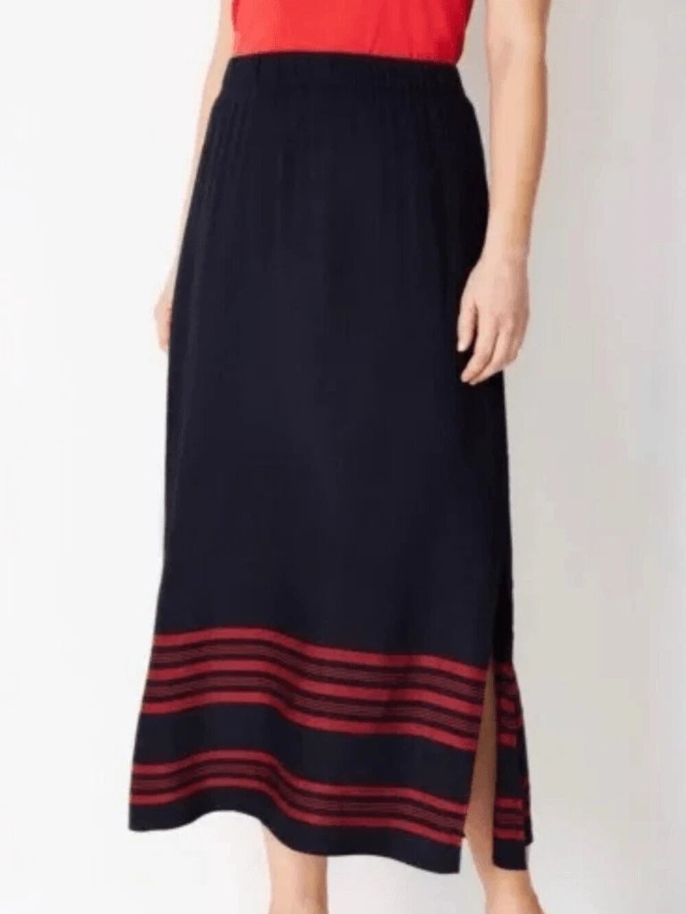 J. Jill Skirt Womens Small Blue Red Striped Maxi Side Slits Linen Blend - Picture 1 of 13